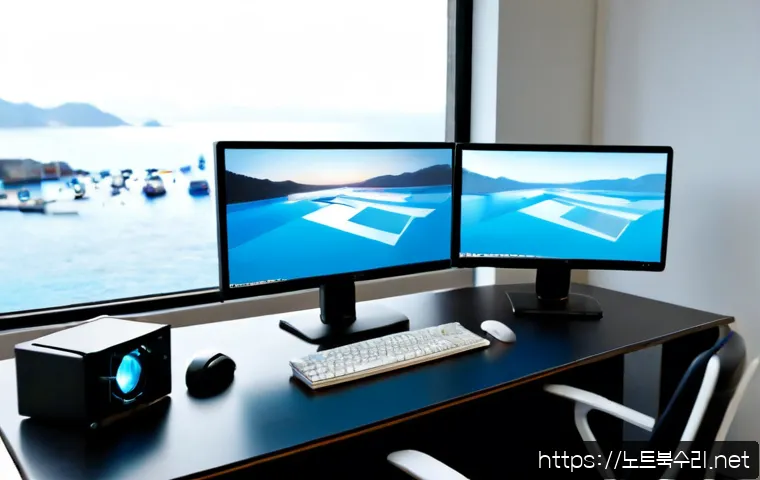 영흥면 STATUS_INVALID_OBJECT - Photorealistic remote-support workstation in a quiet coastal island office, dual monitors showing ab...