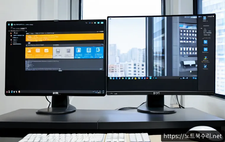 인현동 STATUS_DISK_NOT_INITIALIZED - Photorealistic IT support workstation in a compact Inhyeon-dong office, dual monitors showing a clea...