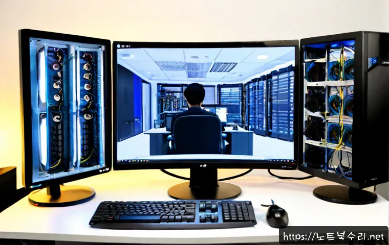 곡선동 HARDWARE_INTERRUPT_STORM - Photorealistic IT support workstation in a compact curved-corner office district, dual monitors show...