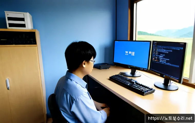 파평면 WATCHDOG_VIOLATION - Photorealistic remote-support workstation in a quiet rural Korean township office, dual monitors sho...