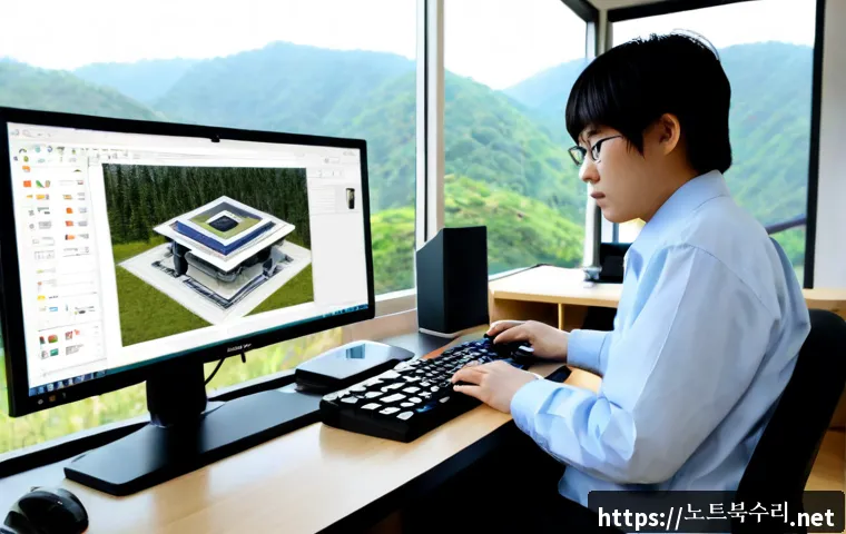 양동면 POOL_CORRUPTION_IN_FILE_AREA - Photorealistic remote-support workstation in a quiet rural Korean township office, dual monitors sho...