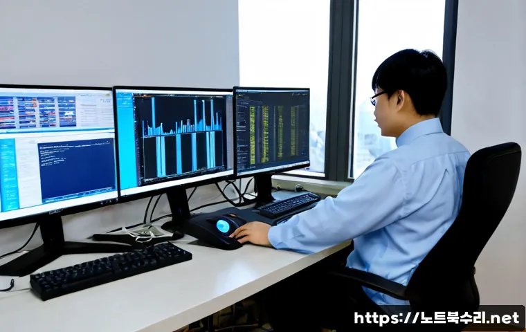 신생동 STATUS_KERNEL_MODE_EXCEPTION - Photorealistic IT support workstation in a compact Korean neighborhood office, dual monitors showing...