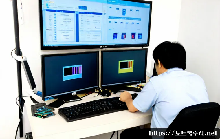 장안동 STATUS_INVALID_OBJECT - Photorealistic IT support workstation in a compact Jangandong electronics repair office, dual monito...