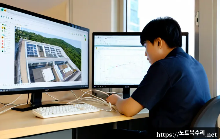 남구 STATUS_CONNECTION_REFUSED - Photorealistic IT support workstation in a compact Nam-gu office, dual monitors showing abstract con...