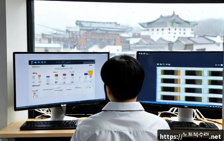 명륜동 STATUS_PAGE_FAULT - Photorealistic software support workstation in Myeongnyun-dong, Seoul, dual monitors showing a blank...