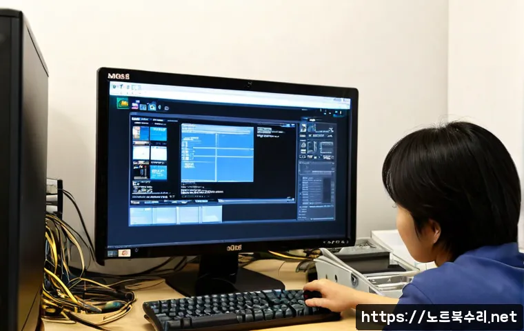 오정동 부팅안됨 - Photorealistic computer repair workstation in Ojeong-dong, a desktop tower opened beside a dark moni...