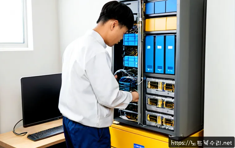 감이동 NAS출장방문수리점 - Photorealistic onsite NAS repair in a quiet Gami-dong apartment home office, technician wearing neut...