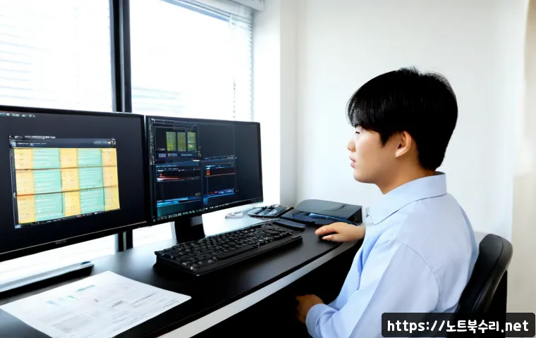 금창동 자동복구 - Photorealistic computer repair workstation in a compact Geumchang-dong office, technician monitoring...