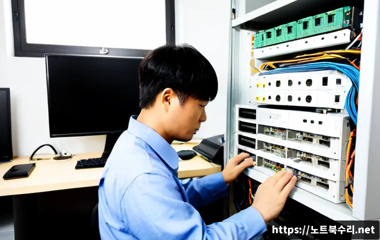 신소현동 NAS출장방문수리점 - Photorealistic on-site NAS repair in a compact modern apartment office in Sinsohyeon-dong, technicia...