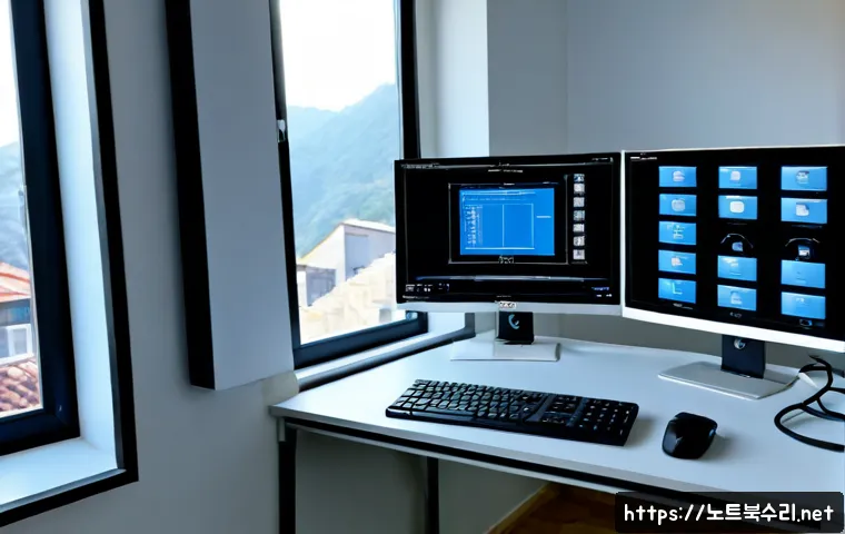 충현동 STATUS_IMAGE_INVALID - Photorealistic remote IT support workstation in a compact apartment office, dual monitors showing a ...