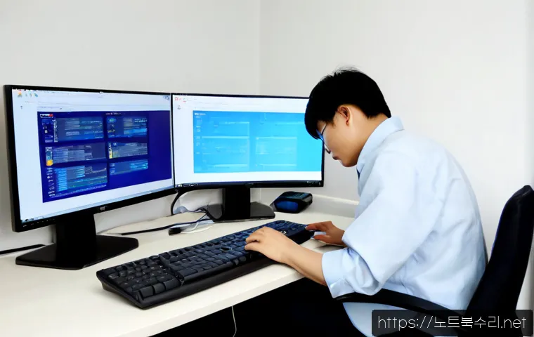 선부동 PFN_LIST_CORRUPT - Photorealistic remote-support workstation in a compact Korean apartment office, dual monitors showin...