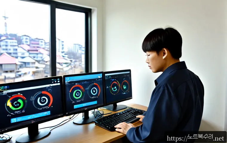 신읍동 STATUS_INVALID_THREAD - Photorealistic remote-support workstation in a compact neighborhood office, technician studying an a...