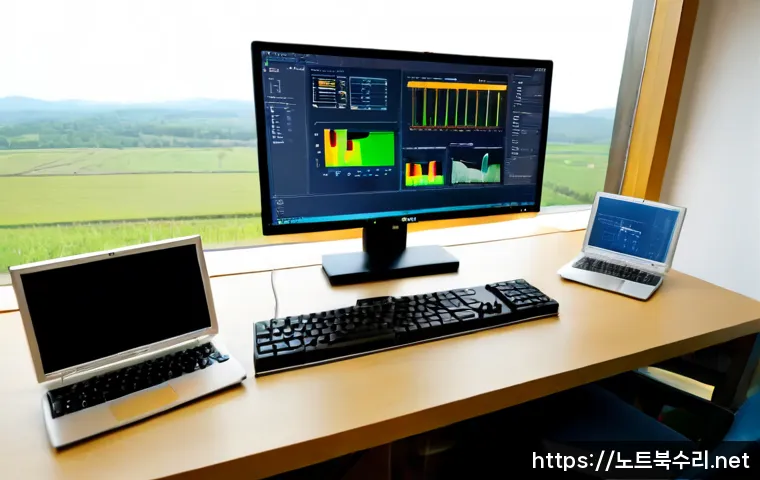 설성면 STATUS_NO_MEMORY - Photorealistic remote-support workstation in a quiet rural office, dual monitors showing abstract me...