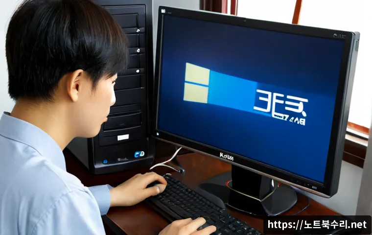 송탄동 윈도우7 windows7 재설치 포맷  초기화 - Photorealistic IT technician reinstalling an older desktop operating system at a compact Songtan-don...