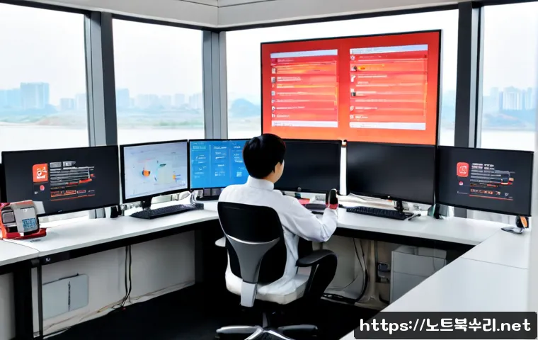염창동 STATUS_KERNEL_ACCESS_DENIED - Photorealistic IT support workstation in a modern Yeomchang-dong office near the Han River, dual mon...
