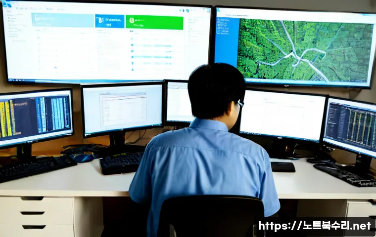 우면동 STATUS_KERNEL_APC_PENDING - Photorealistic IT support workstation in a quiet Umyeon-dong office near wooded foothills, dual moni...