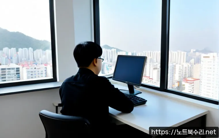 창릉동 STATUS_KERNEL_UNSUPPORTED_DEVICE - Photorealistic IT support workstation in a compact Changneung-dong apartment office, technician stud...