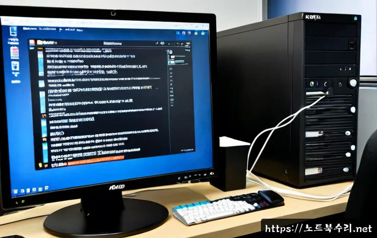 시천동 BOOTMGR is Compressed - Photorealistic IT support workstation in a compact Sindang-dong office, desktop computer showing a d...
