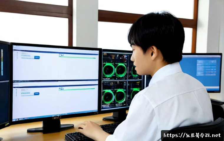 통의동 STATUS_MODULE_CORRUPTION - Photorealistic remote-support workstation in a quiet Tongui-dong office, dual monitors showing a cle...