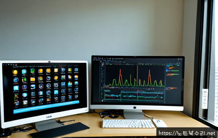 기안동 SOFTWARE_EXCEPTION - Photorealistic software engineer workstation in a quiet Giano-dong apartment office, dual monitors s...