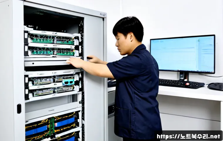 지곡동 파일서버출장방문수리점 - Photorealistic on-site file server repair inside a compact Jigok-dong office, technician replacing d...