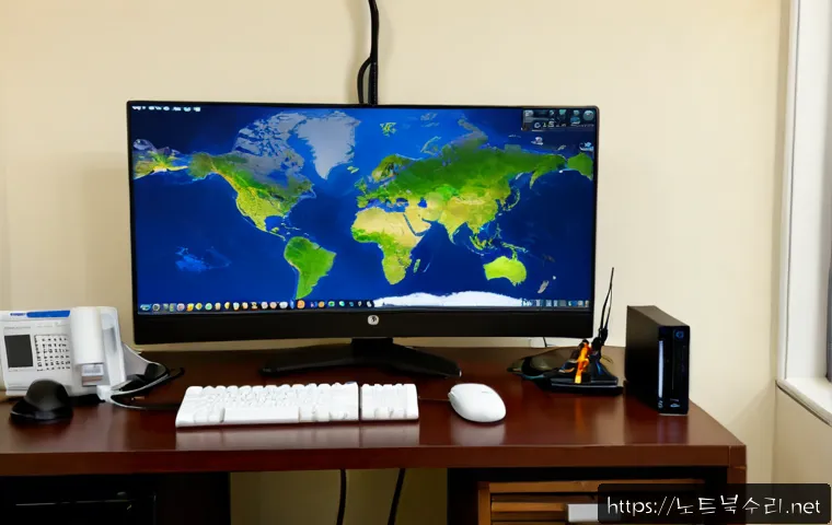 죽백동 THREAD_TERMINATION_PORT - Photorealistic remote-support workstation in a quiet Korean apartment district office, dual monitors...