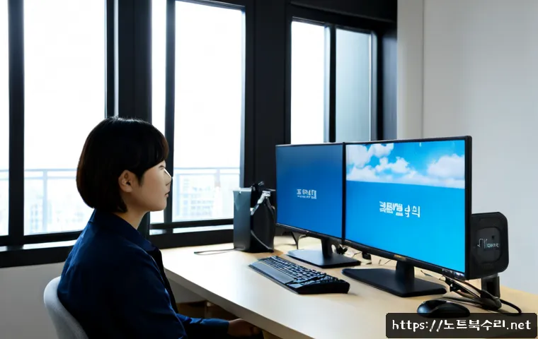 별양동 pc에 문제가 발생하여 다시 시작해야 합니다 - Photorealistic IT support scene in a compact modern office near Byeoryang-dong, a desktop workstatio...