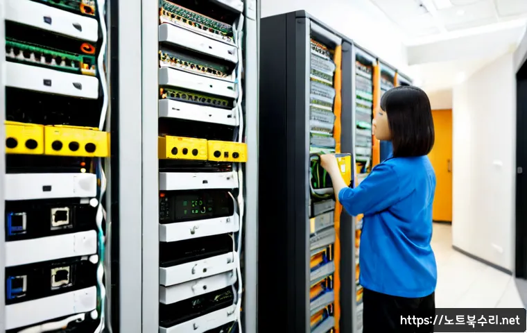 수표동 네트워크구축 설정 및 세팅오류해결 - Photorealistic IT technician configuring a compact business network rack in a modern office near a n...