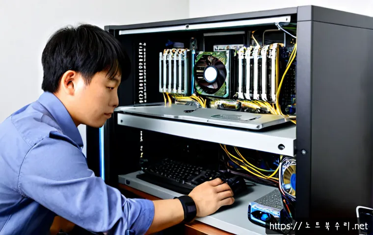 옥길동 메모리조립 및 교체수리 - Photorealistic desktop computer repair workstation in a compact Okgil-dong apartment office, technic...