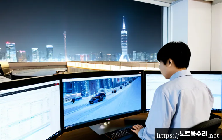 대방동 STATUS_KERNEL_EXECUTION_ERROR - Photorealistic remote-support workstation in Daebang-dong, Seoul, dual monitors showing a frozen 3D ...