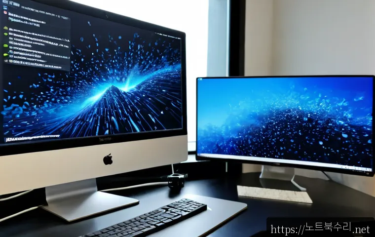 신풍동 NTFS_FILE_SYSTEM - Photorealistic IT support workstation in a compact Sinpung-dong apartment office, dual monitors show...