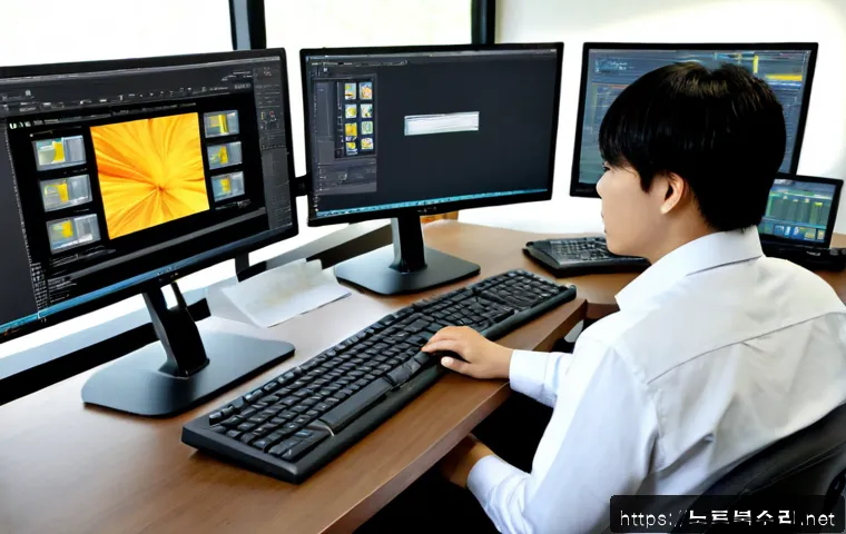 포천시 STATUS_FILE_CORRUPTION - Photorealistic IT support workstation in a quiet Pocheon countryside office, dual monitors showing a...