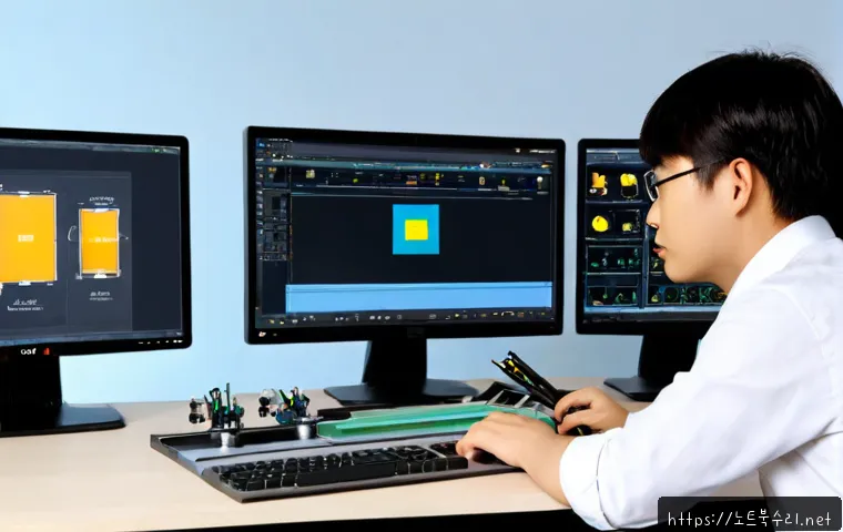 박달동 DEVICE_DRIVER_MISMATCH - Photorealistic product design workstation in a compact Anyang office, frustrated engineer comparing ...