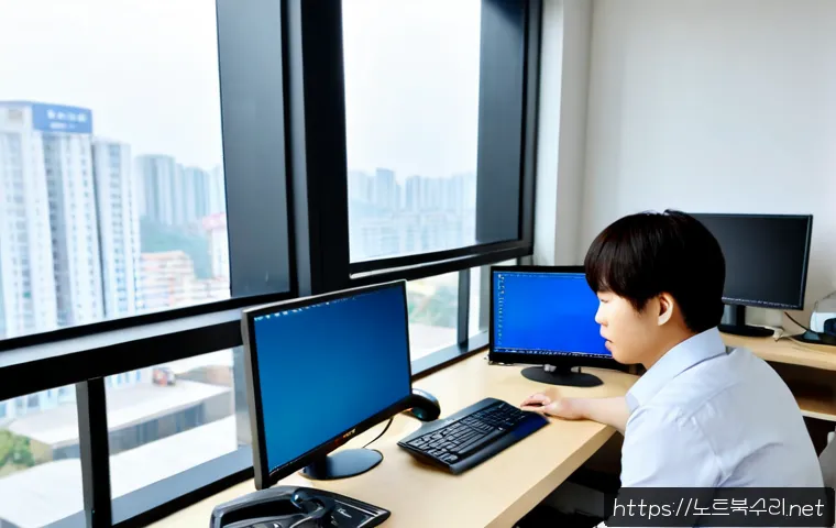 수택동 KERNEL_SECURITY_CHECK_FAILURE - Photorealistic IT support workstation in a modern apartment office, dual monitors showing a blank bl...