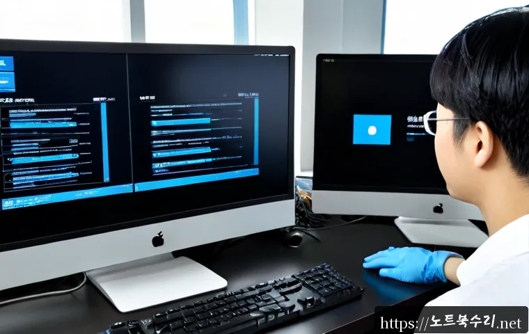 장곡동 KERNEL_DATA_INPAGE_ERROR - Photorealistic IT support workstation in a modern Janggok-dong office, dual monitors showing a blank...