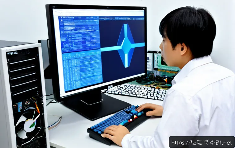 용산동 WHEA_UNCORRECTABLE_ERROR - Photorealistic desktop workstation in a Yongsan electronics repair studio, high-end tower PC opened ...