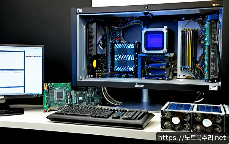 을지로 오버클럭 뚜따 - Photorealistic electronics workstation in an Euljiro-style repair studio, desktop PC opened beside a...