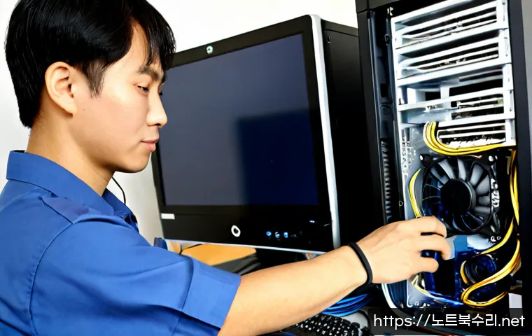 원삼면 그래픽카드조립 및 교체수리 - Photorealistic PC repair workstation in a quiet semi-rural Korean service shop, technician wearing a...