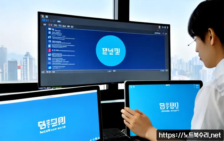 판교동 ACPI_BIOS_ERROR - Photorealistic modern product design workstation in Pangyo Techno Valley, dual monitors showing a bl...