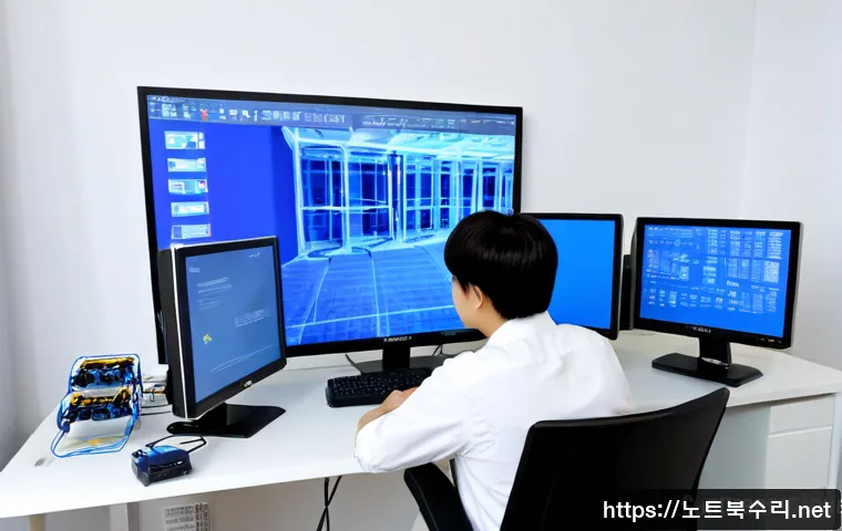 대원동 pc에 문제가 발생하여 다시 시작해야 합니다 - Photorealistic computer repair scene in a compact Daewon-dong design studio, a worried architect sea...