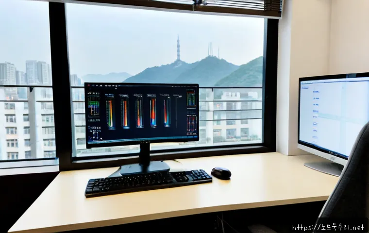 단대동 STATUS_INVALID_DEVICE_REQUEST - Photorealistic IT support workstation in a compact Dandae-dong apartment office, dual monitors showi...