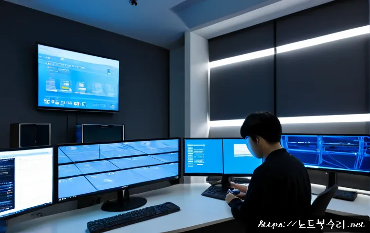 선감동 STATUS_KERNEL_CONNECTION_TIMEOUT - Photorealistic remote-support workstation in a modern digital media office, dual monitors showing a ...