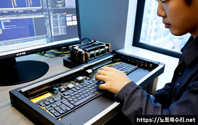 원곡동 메모리조립 및 교체수리 - Photorealistic computer repair workstation in Wongok-dong, technician carefully installing two RAM m...