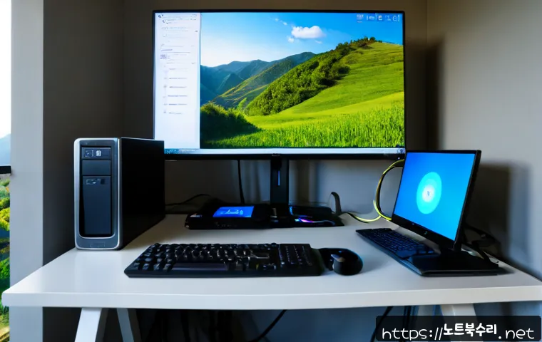 동원동 FAT_FILE_SYSTEM - Photorealistic remote-support workstation in a compact apartment office near a quiet hillside neighb...