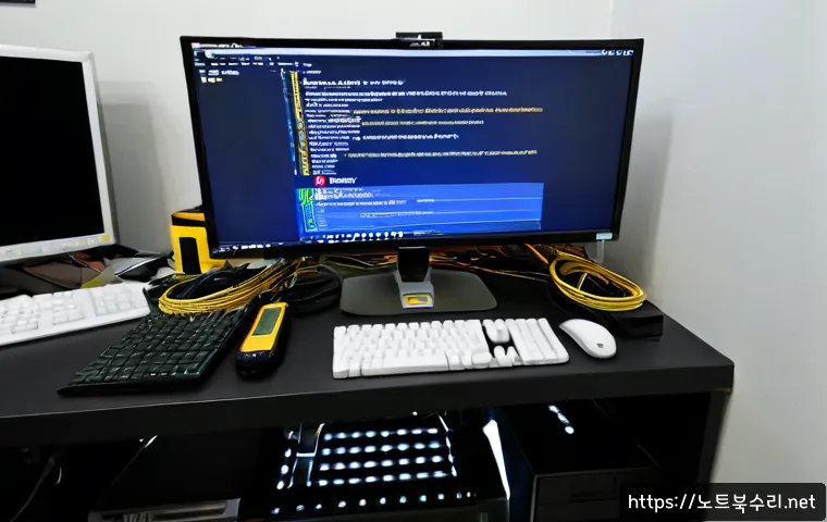 미산동 a disk read error occurred - Photorealistic IT support workstation in a compact Misandong office, desktop monitor showing a dark ...