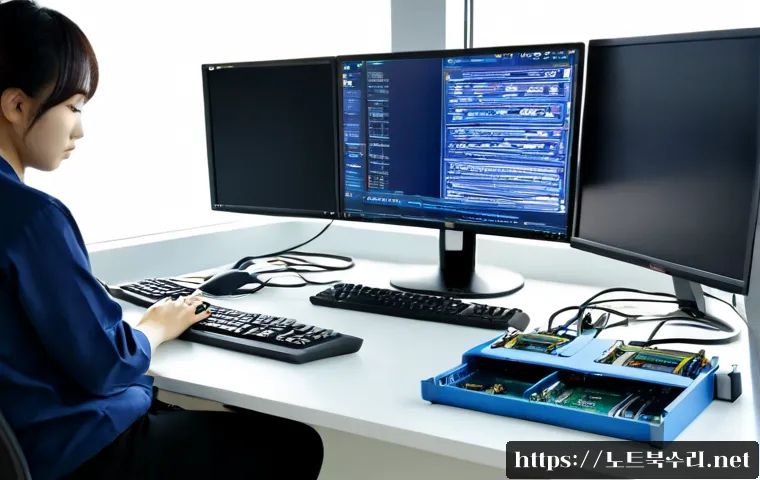 여수동 VIDEO_MEMORY_MANAGEMENT_INTERNAL - Photorealistic IT support workstation in Yeosu-dong, dual monitors showing a blank blue system error...