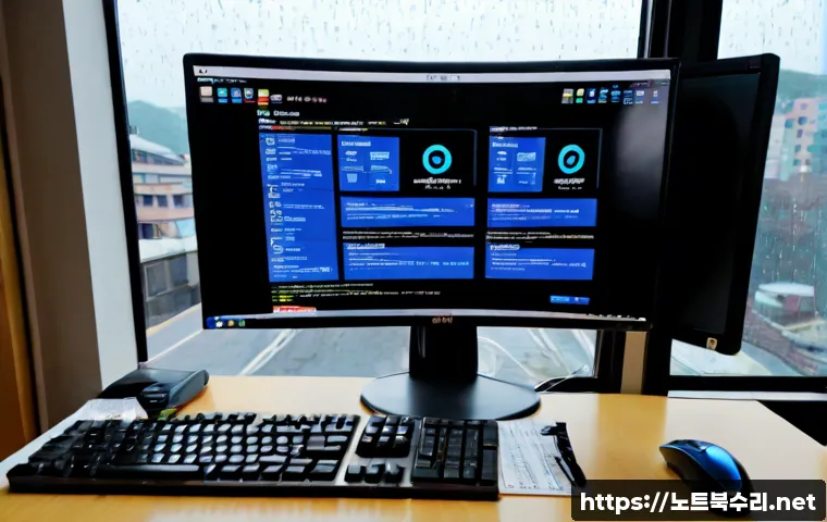 대림동 MACHINE_CHECK_EXCEPTION - Photorealistic IT support workstation in Daerim-dong, Seoul, dual monitors showing a blank blue diag...