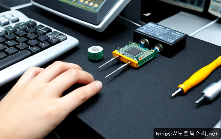 율동 맥미니 판매 및 수리 - Photorealistic compact silver desktop computer repair bench in Yuldong, technician carefully opening...