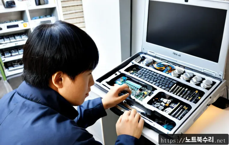 광남동 맥북프로 판매 및 수리 - Photorealistic premium silver laptop repair workstation in a compact Gwangnam-dong electronics shop,...