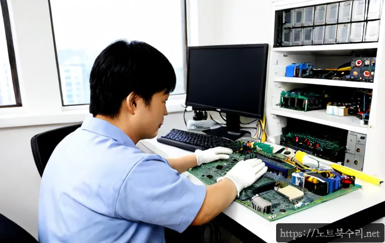 내자동 아이맥 판매 및 수리 - Photorealistic computer repair studio in Naeja-dong, Seoul, a silver all-in-one desktop carefully op...